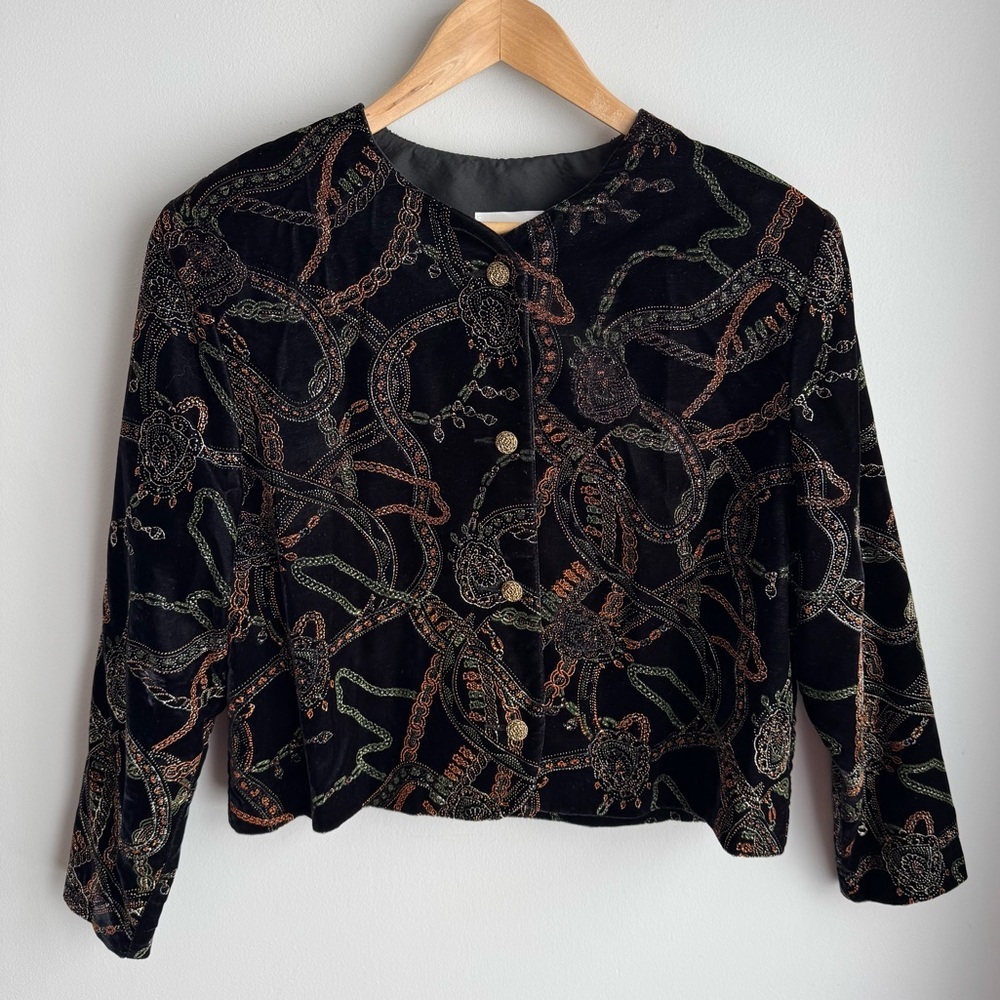 Vintage Artsy Velvet Jacket Womens 14 Petite Black Elegant Sophisticated EUC - Picture 2 of 13